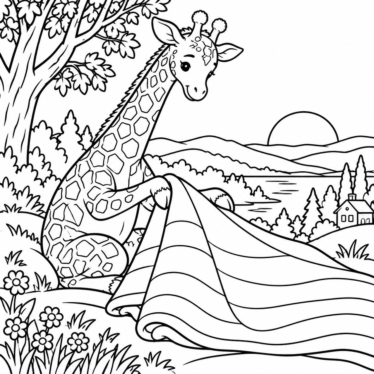 Dibujo para colorear de La jirafa que doblaba atardeceres