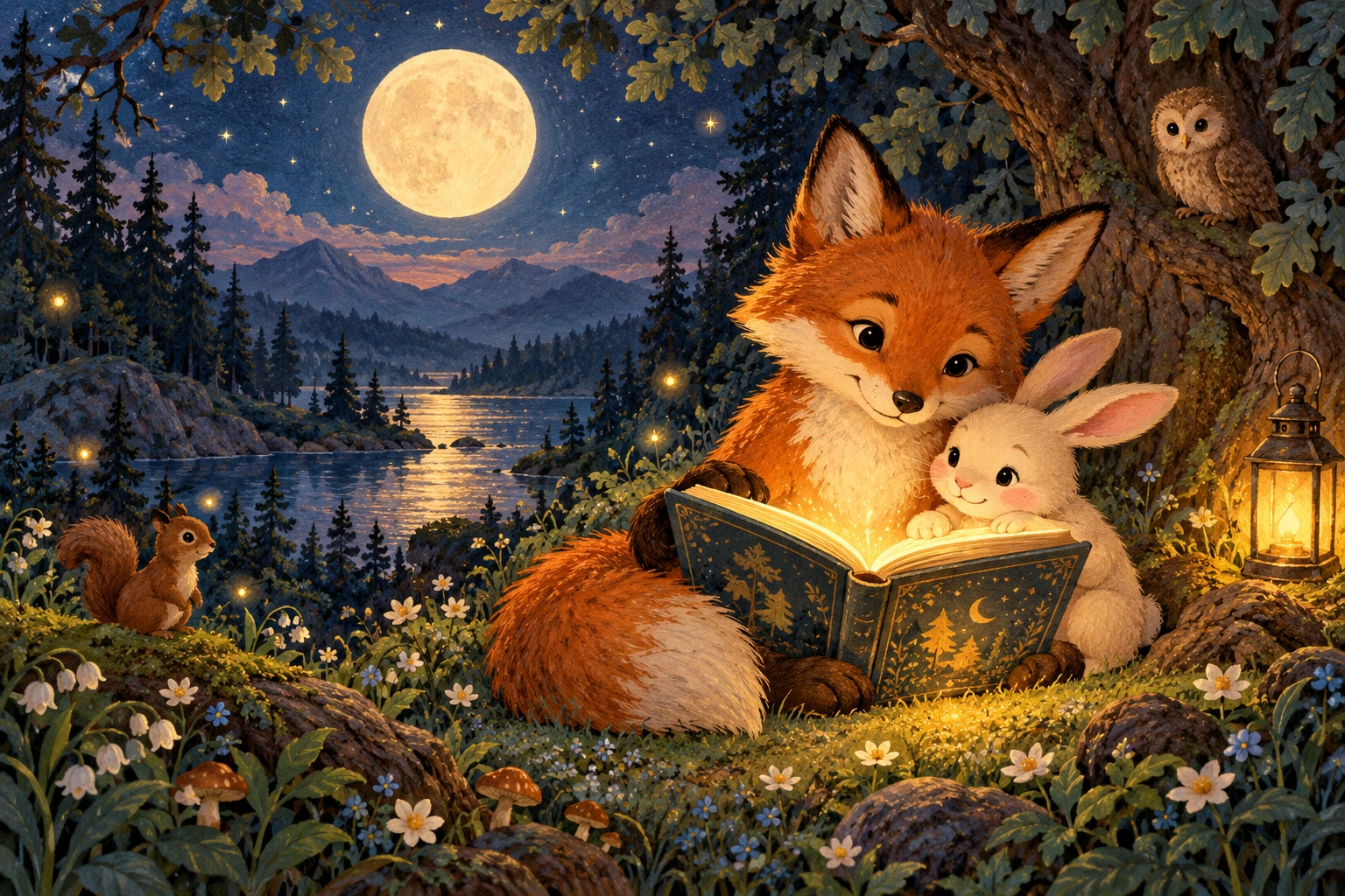 Un zorro y una coneja leen juntos bajo la luna